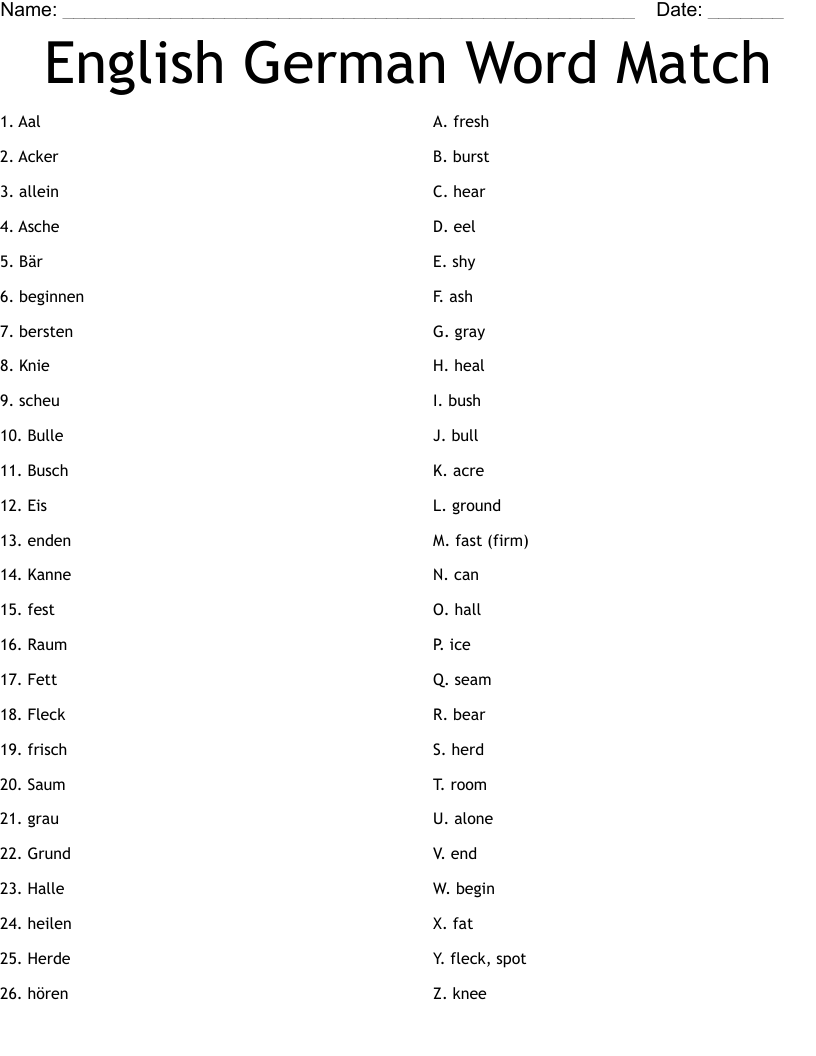 English German Word Match Worksheet