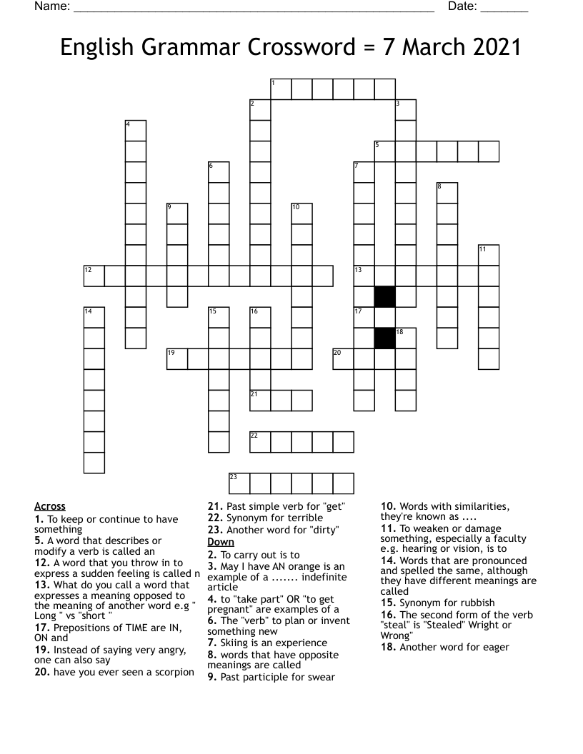 English Grammar Crossword = 7 March 2021