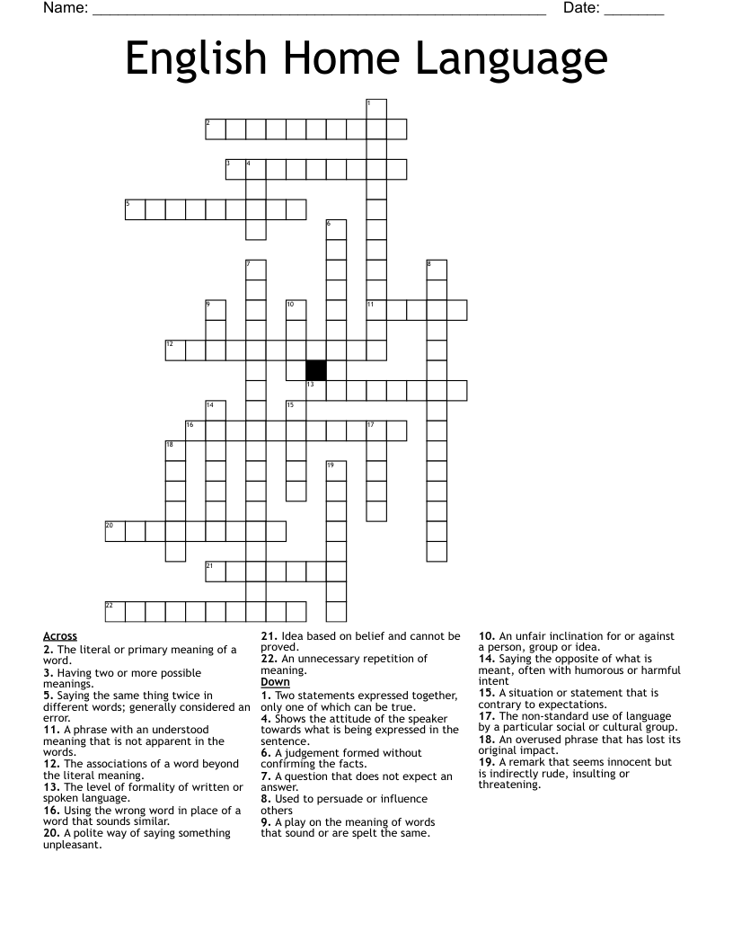 English Home Language Crossword