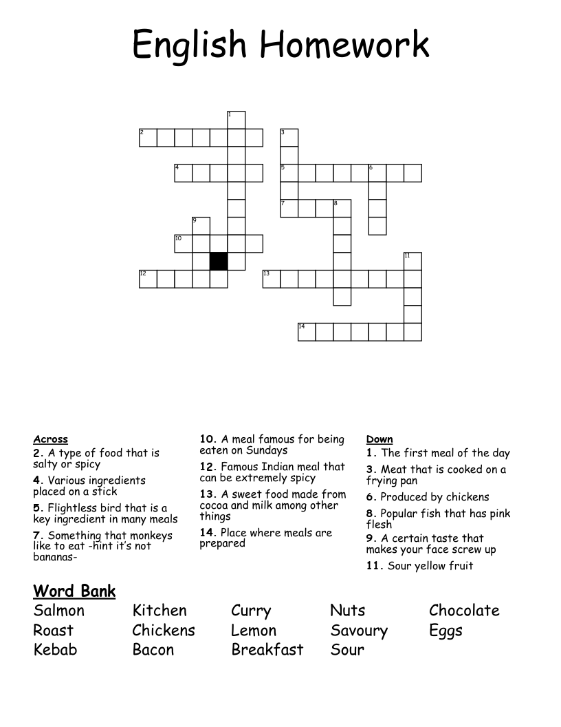 English Homework Crossword