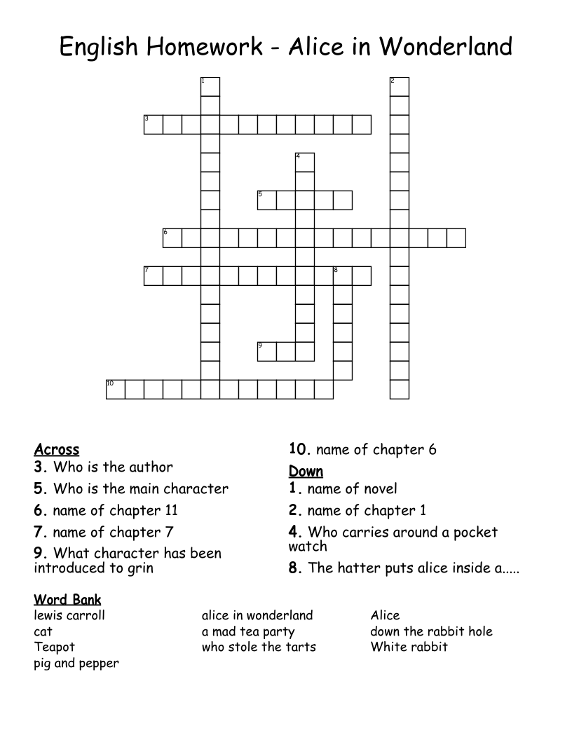 English Homework - Alice in Wonderland Crossword