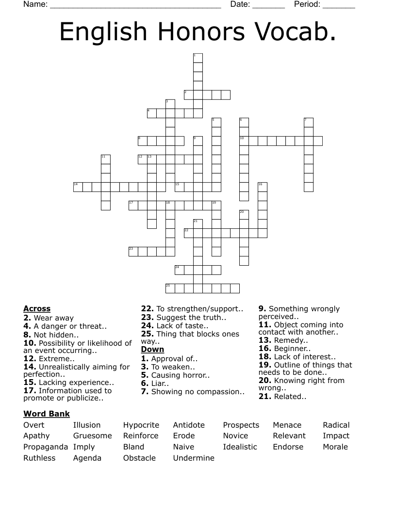 English Honors Vocab.  Crossword