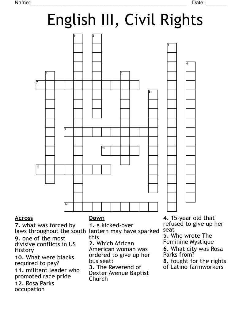English III, Civil Rights Crossword