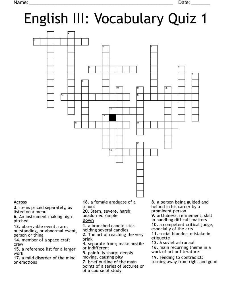 English III: Vocabulary Quiz 1 Crossword