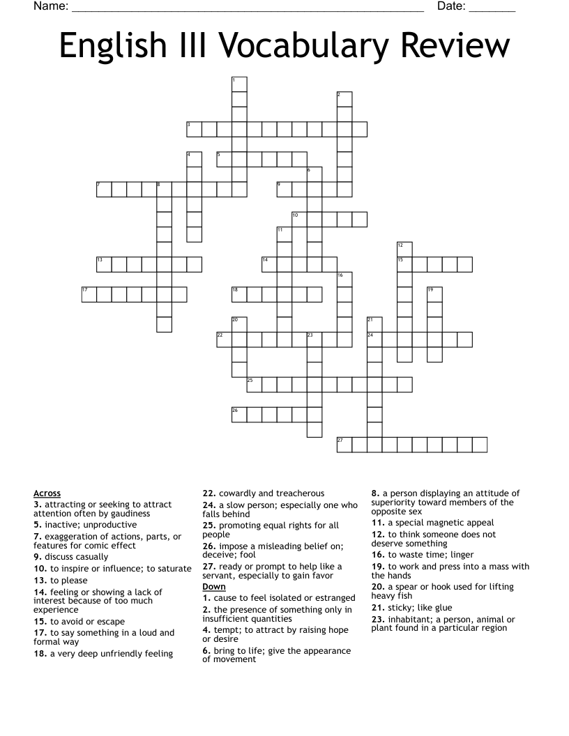 English III Vocabulary Review Crossword