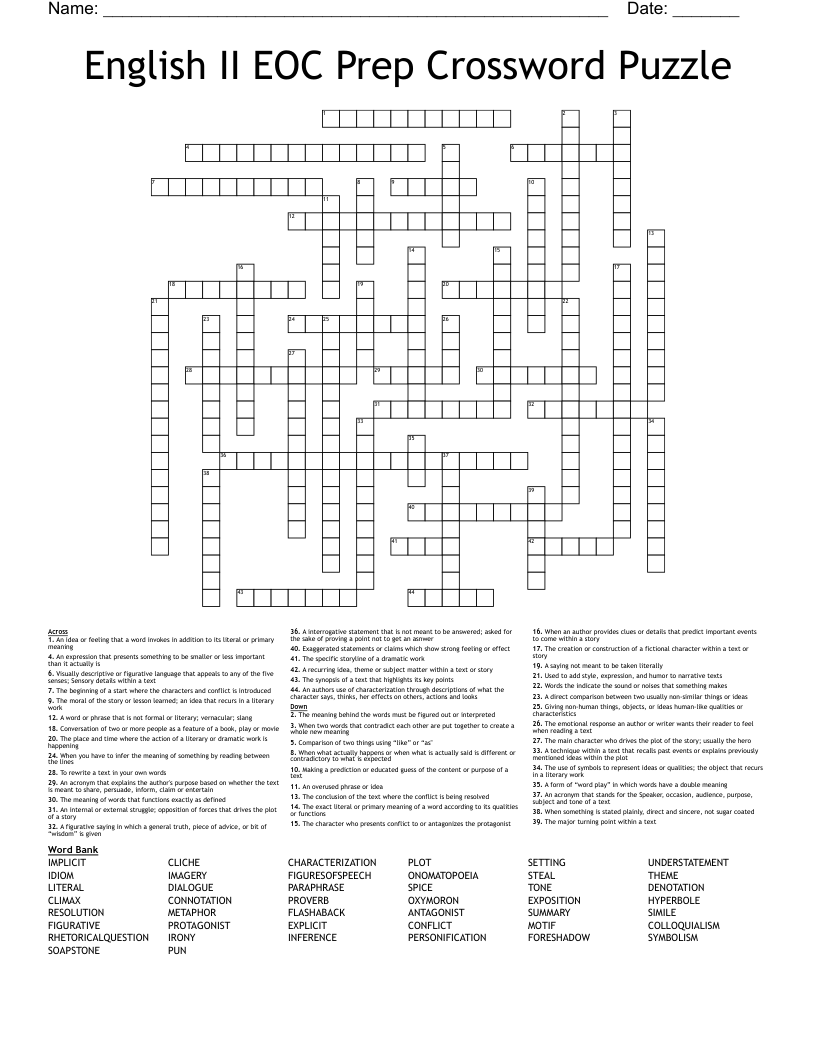 English II EOC Prep Crossword Puzzle