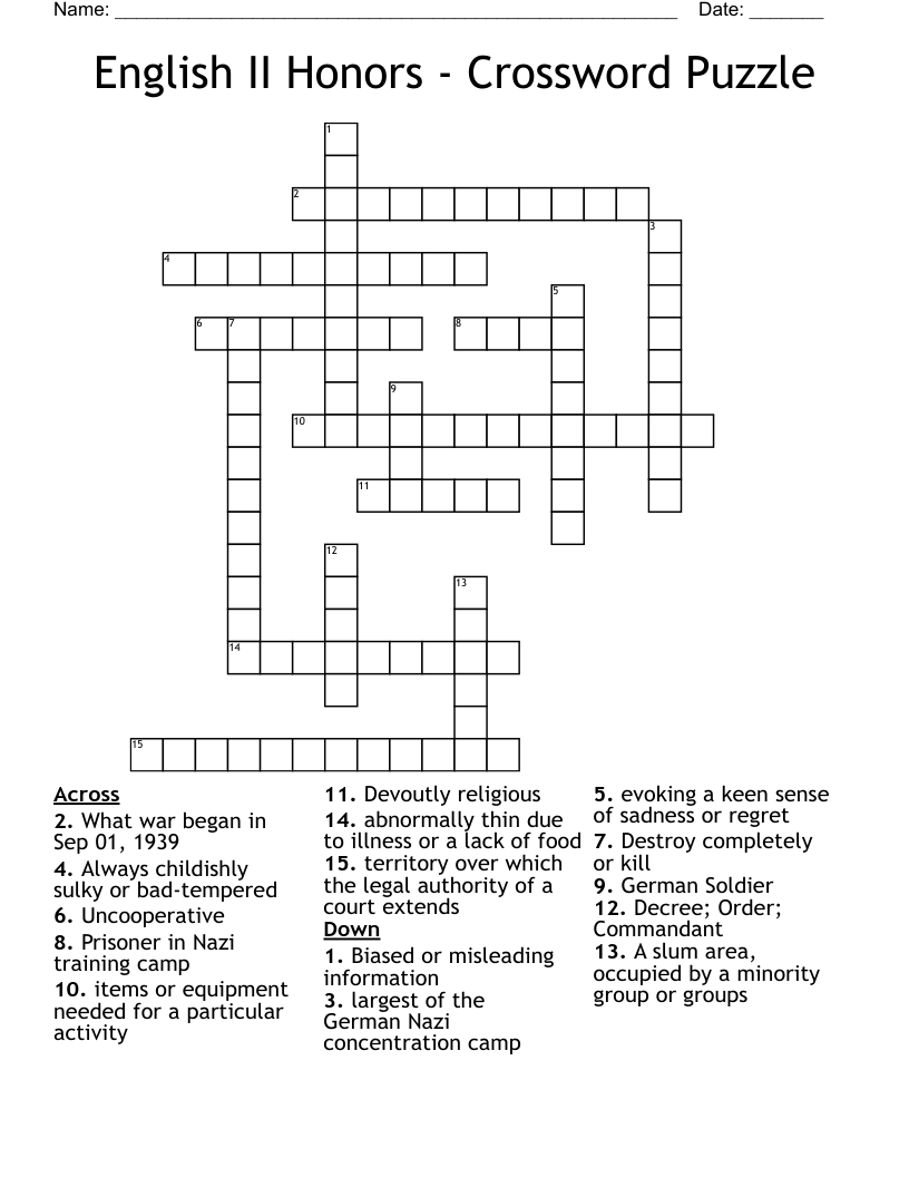 English II Honors - Crossword Puzzle