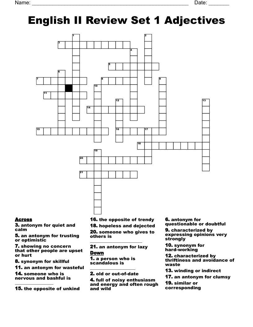 English II Review Set 1 Adjectives  Crossword