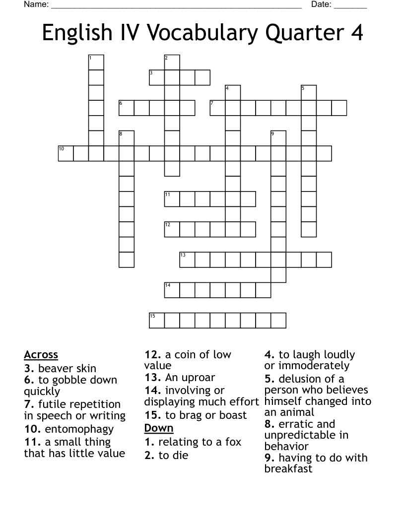 English IV Vocabulary Quarter 4 Crossword