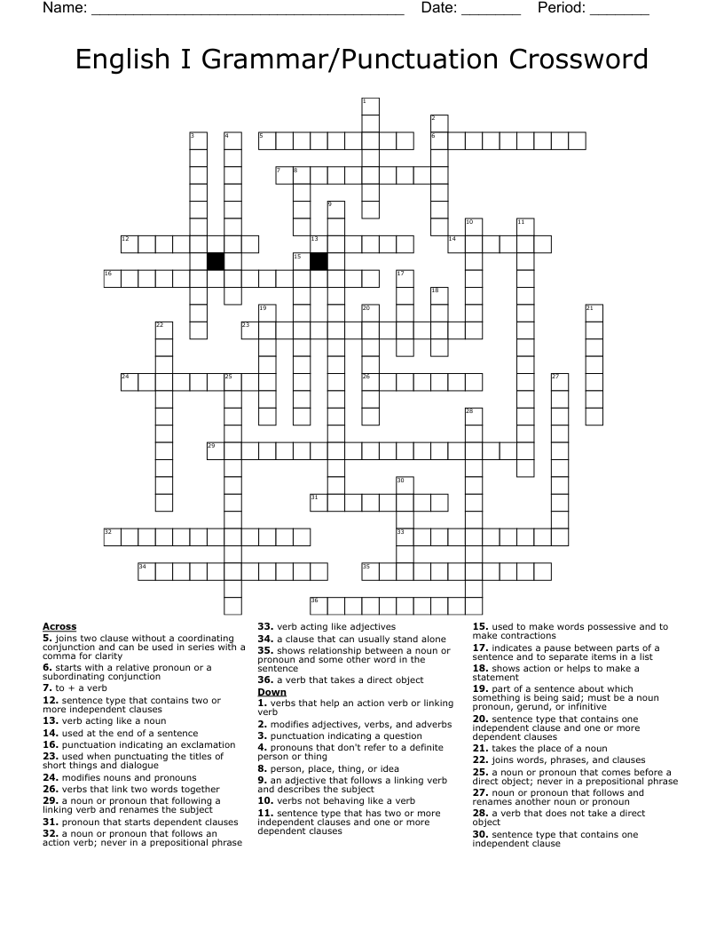 English I Grammar/Punctuation Crossword