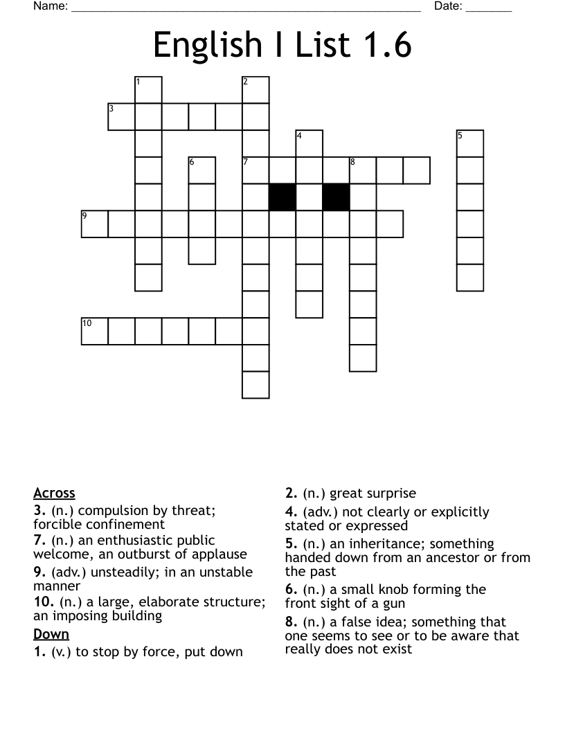 English I List 1.6 Crossword