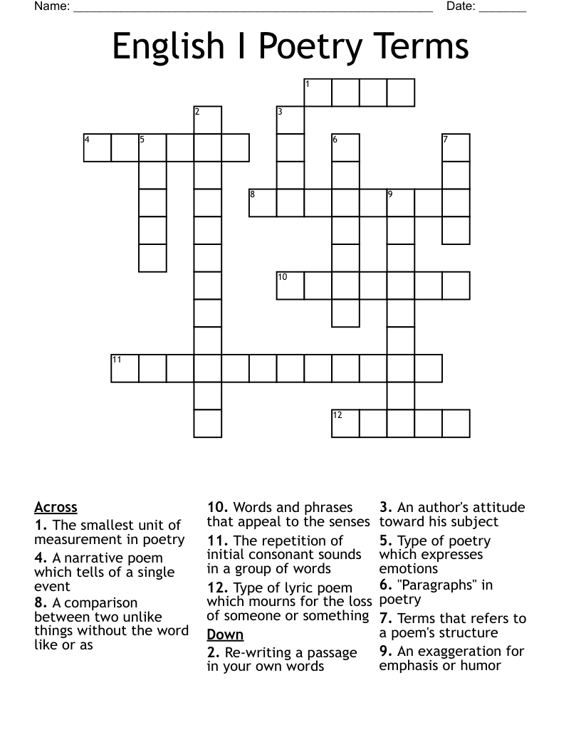 English I Poetry Terms Crossword