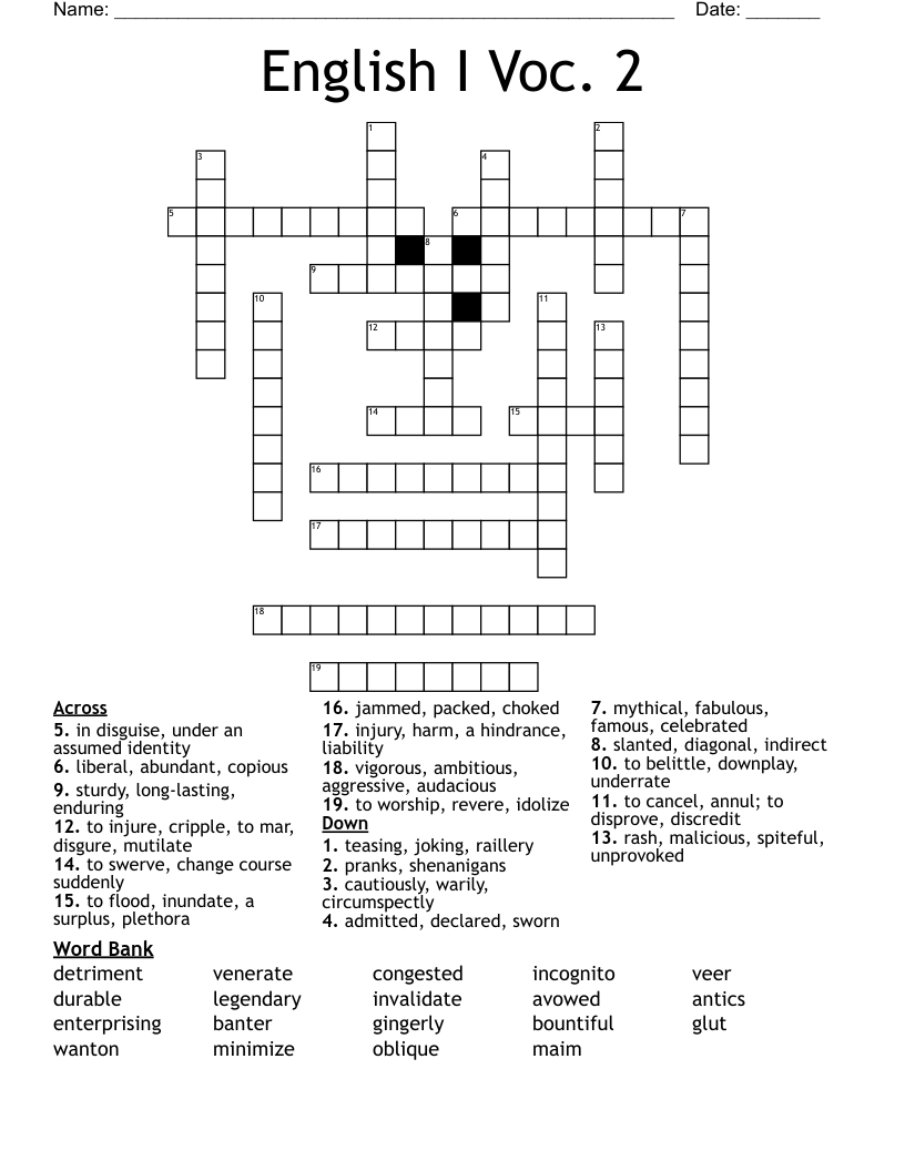 English I Voc. 2 Crossword