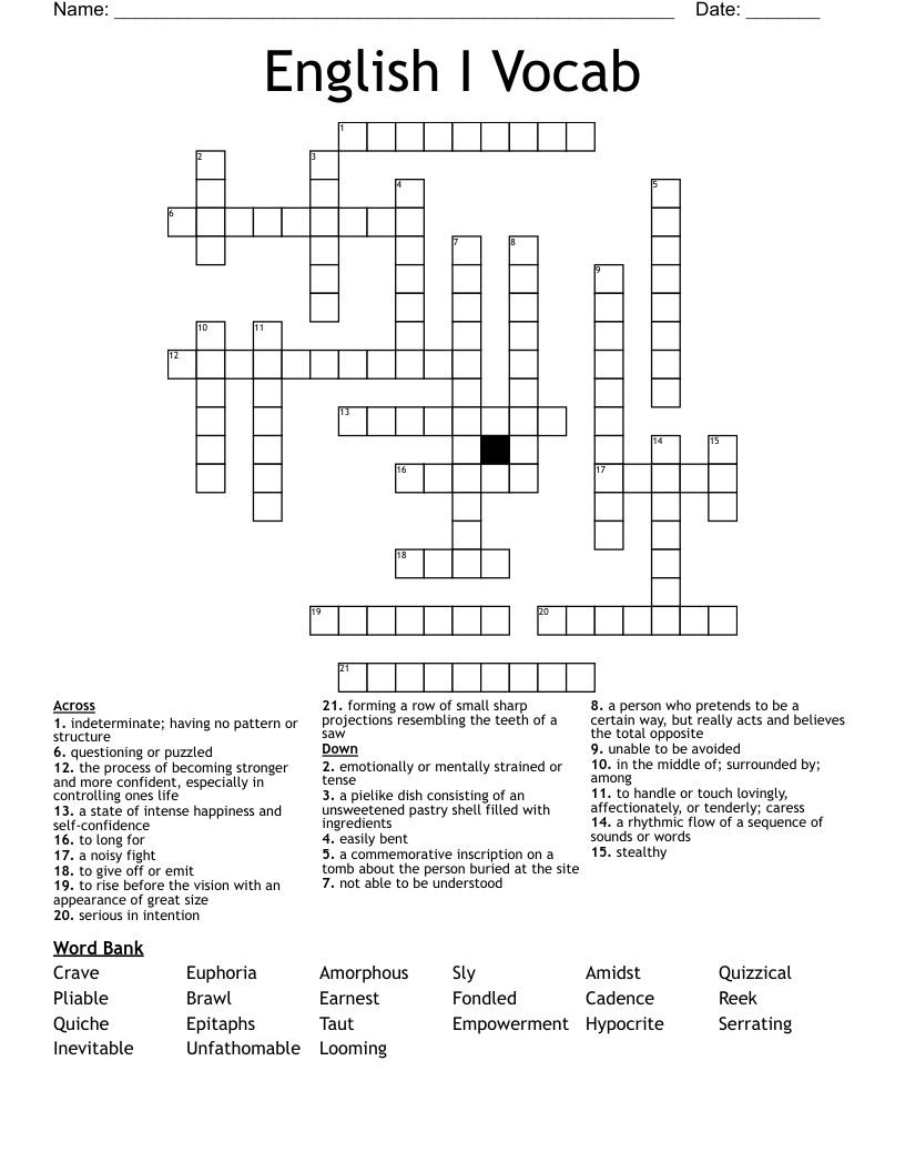 English I Vocab Crossword