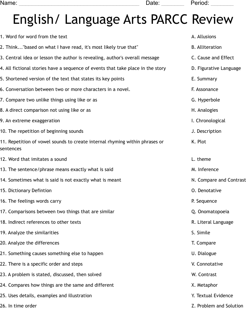 English/ Language Arts PARCC Review Worksheet