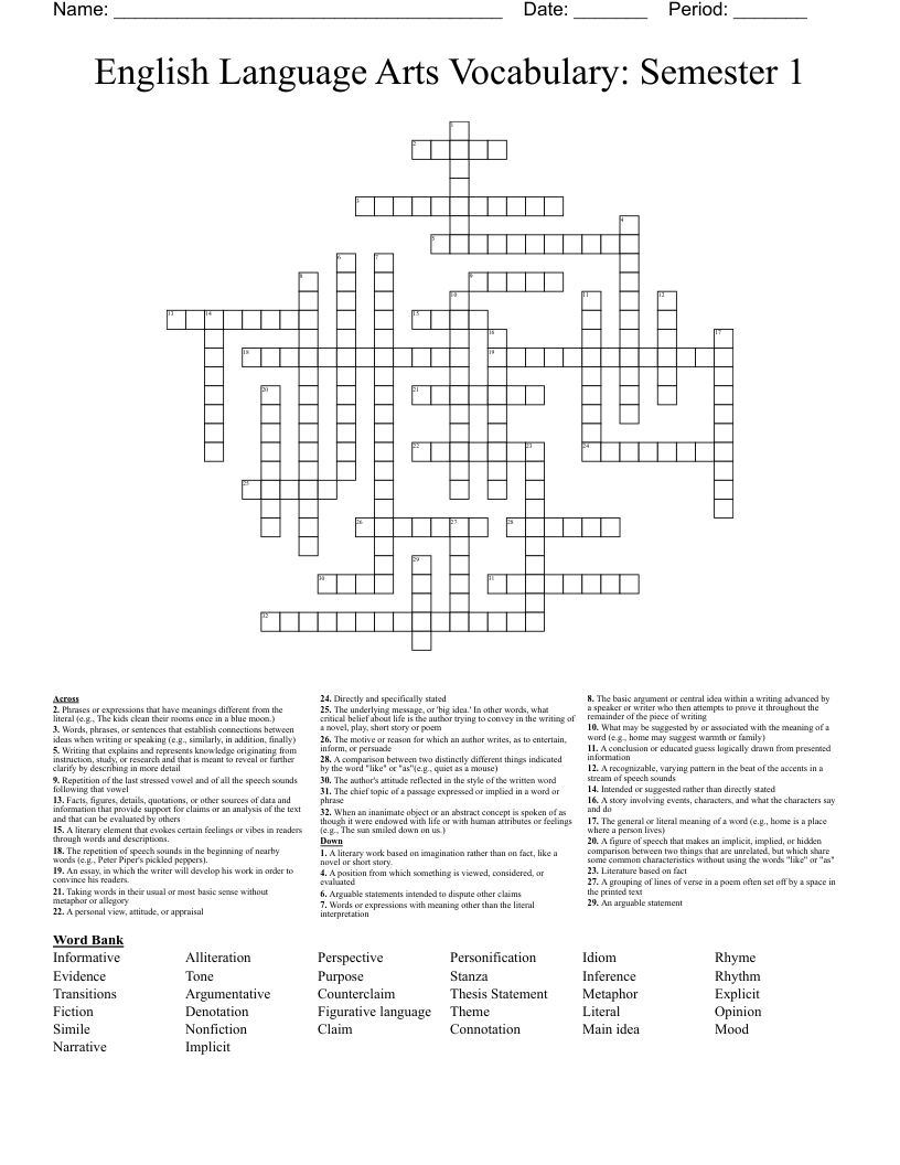 English Language Arts Vocabulary: Semester 1 Crossword