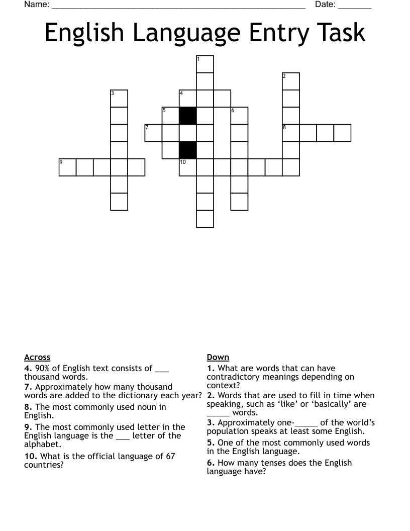 English Language Entry Task Crossword