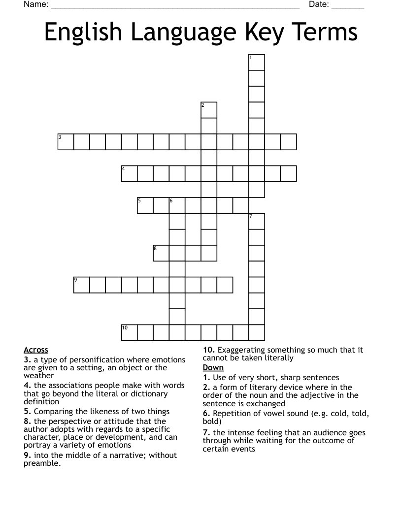 English Language Key Terms Crossword