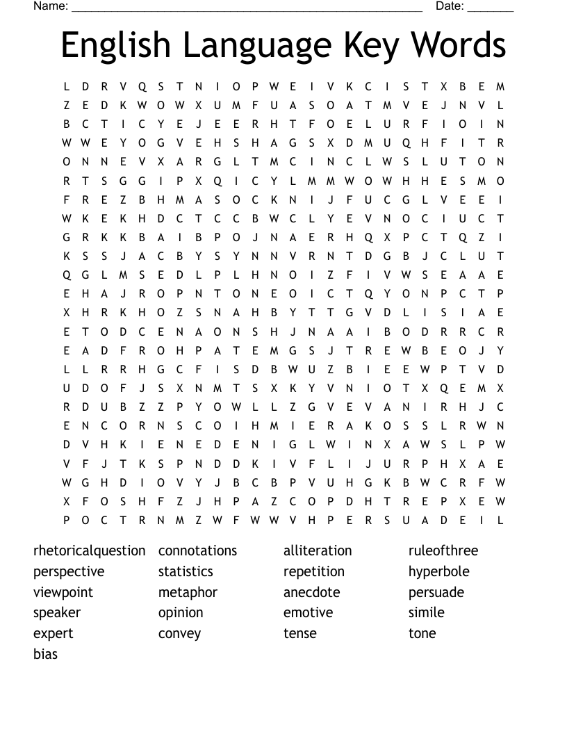English Language Key Words Word Search