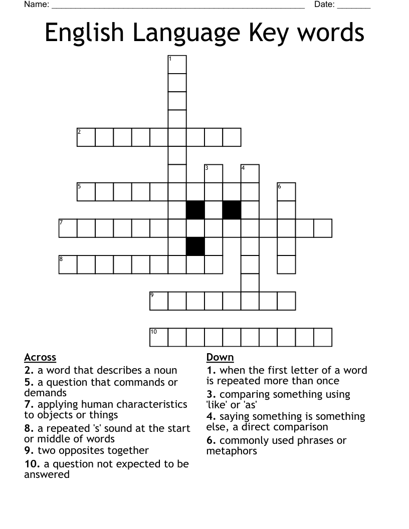 English Language Key words Crossword