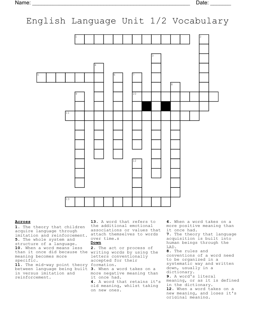 English Language Unit 1/2 Vocabulary Crossword