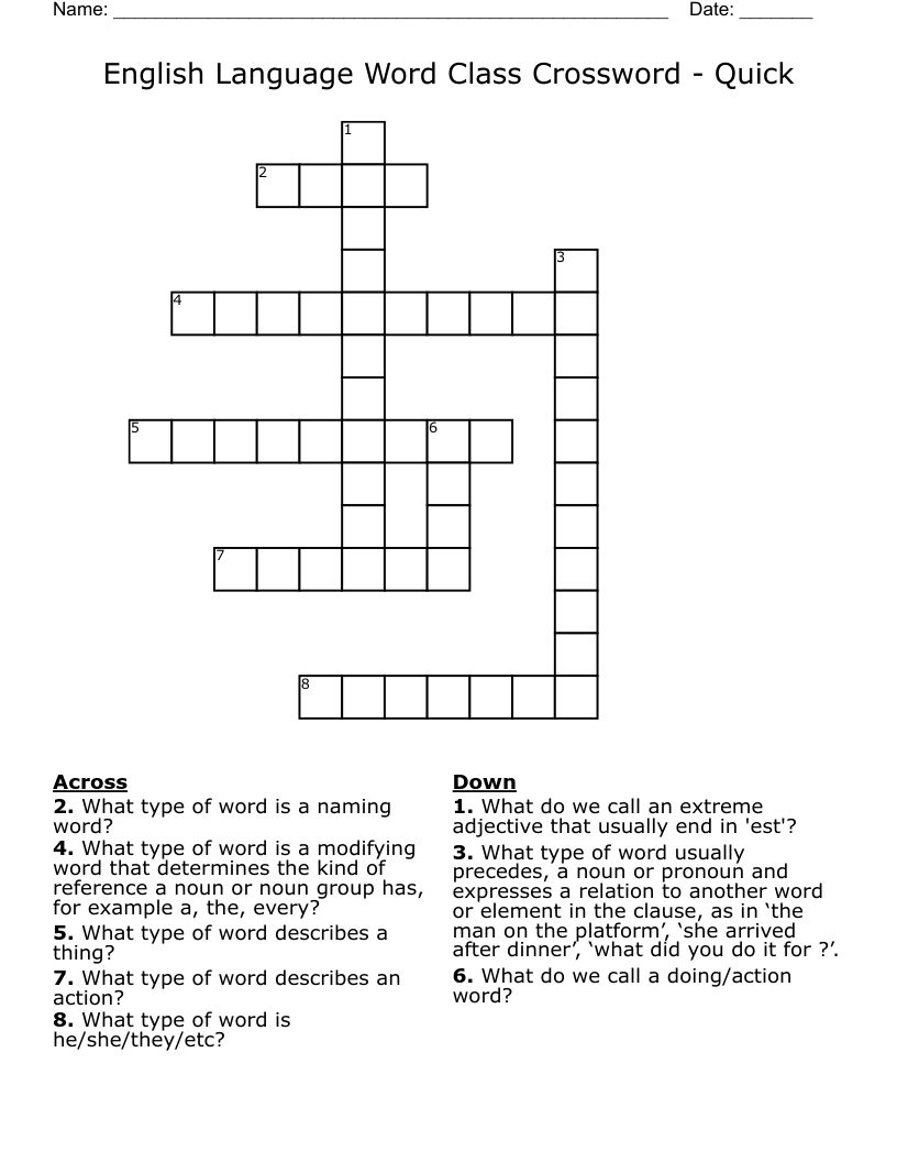 English Language Word Class Crossword  - Quick 