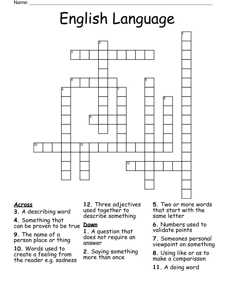English Language  Crossword