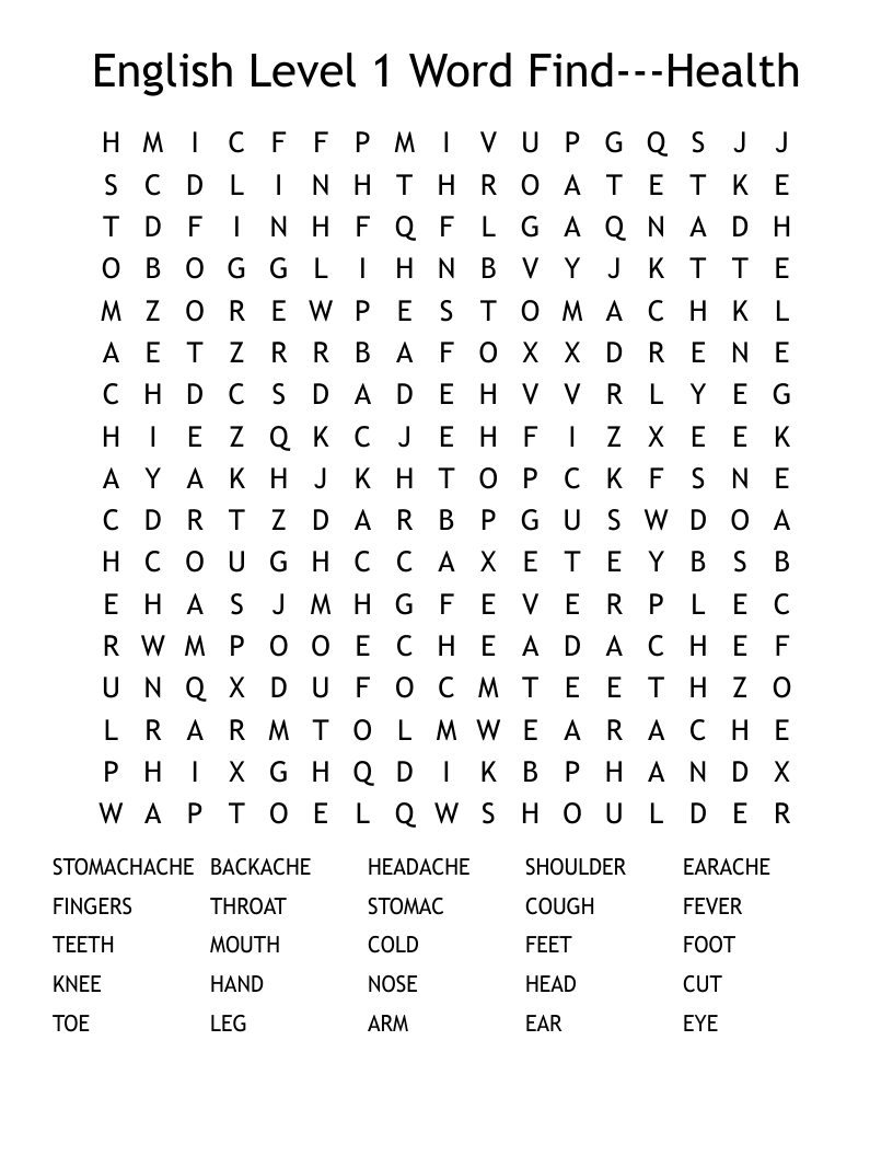 English Level 1 Word Find---Health Word Search