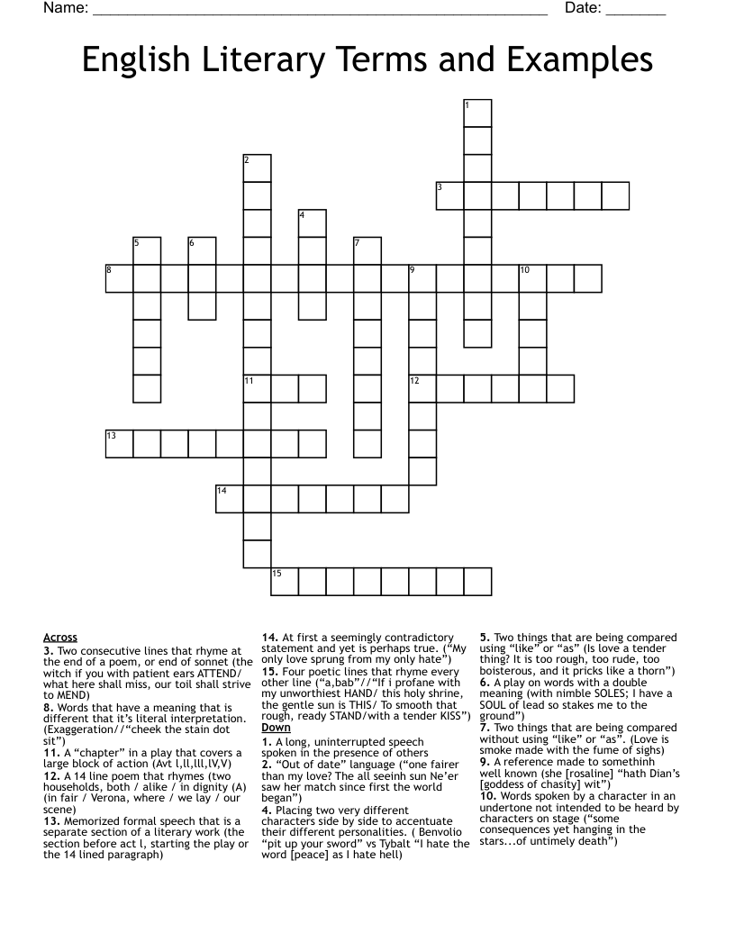 English Literary Terms and Examples  Crossword