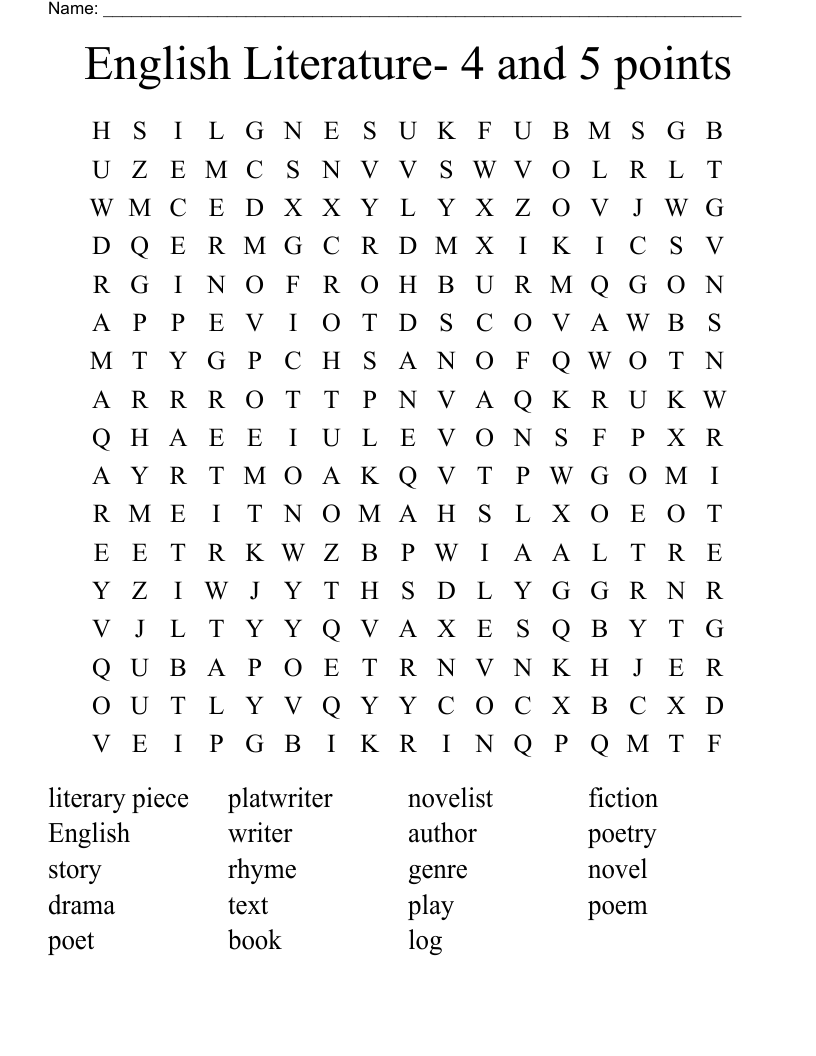 English Literature- 4 and 5 points Word Search