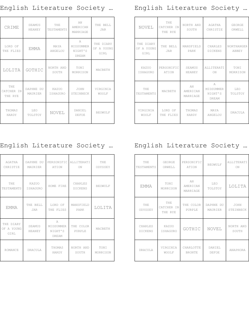 English Literature Society Bingo