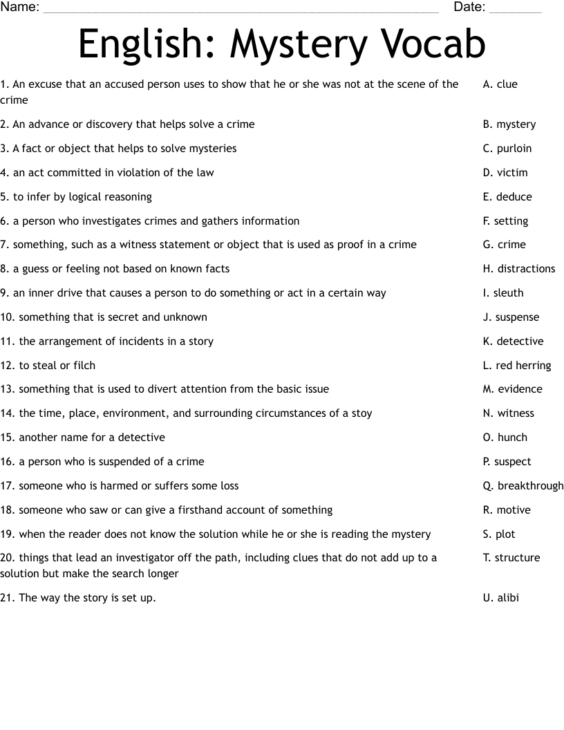 English: Mystery Vocab Worksheet