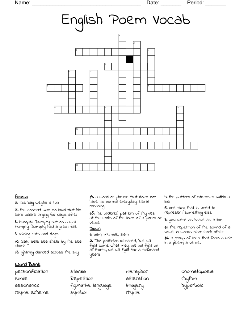 English Poem Vocab Crossword