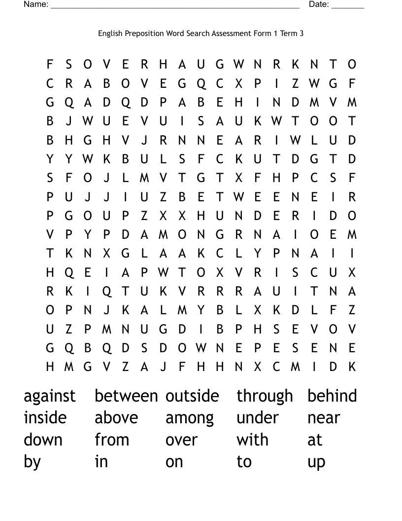 English Preposition Word Search Assessment                                                 Form 1 Term 3