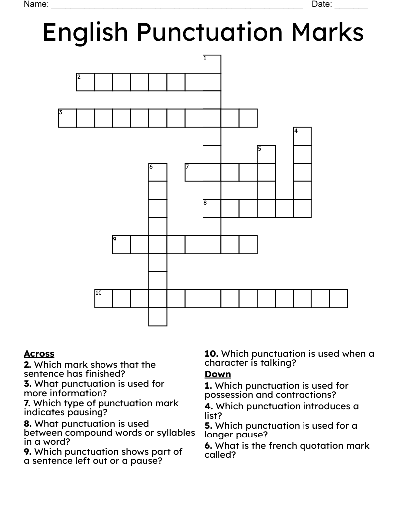 English Punctuation Marks Crossword