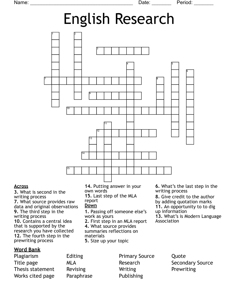 English Research Crossword