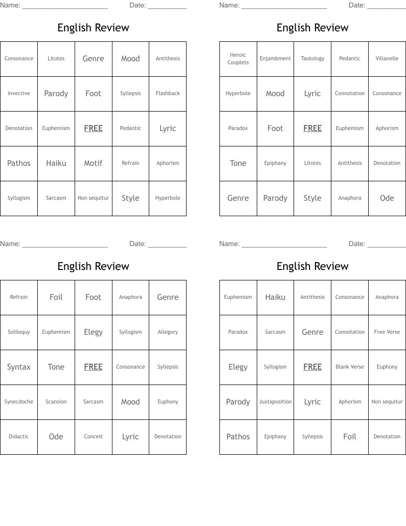 English Review Bingo Cards