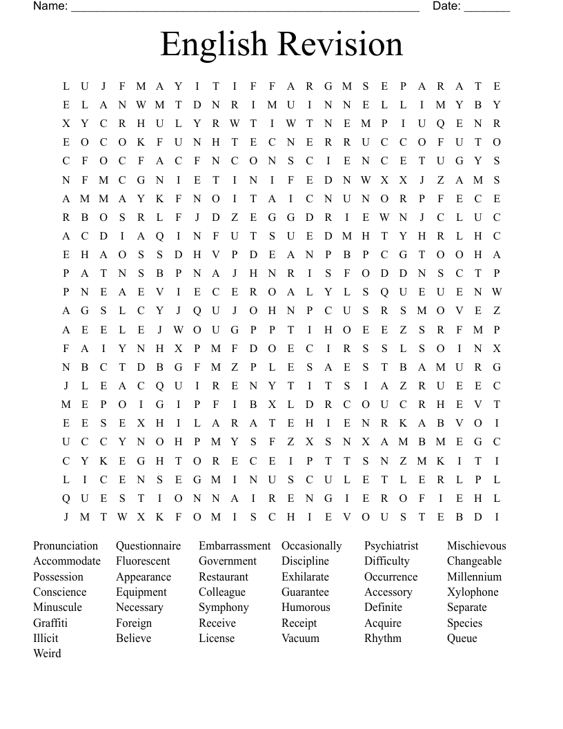 English Revision Word Search