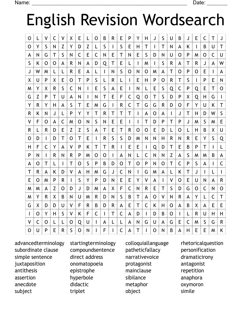 English Revision Wordsearch