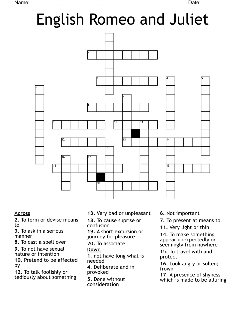 English Romeo and Juliet  Crossword