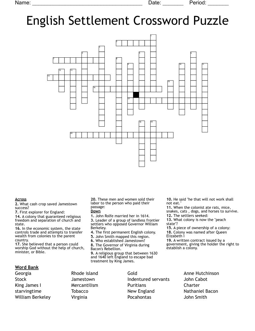 English Settlement Crossword Puzzle
