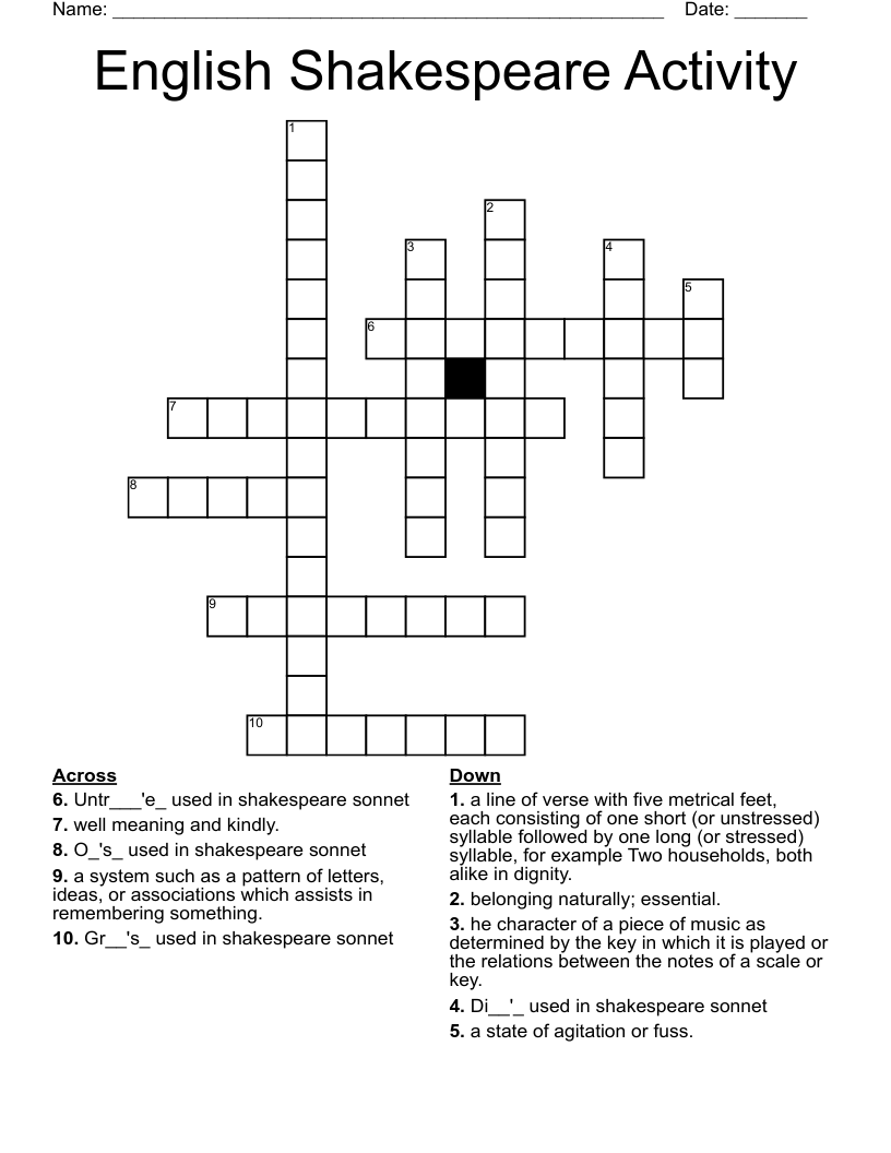 English Shakespeare Activity Crossword