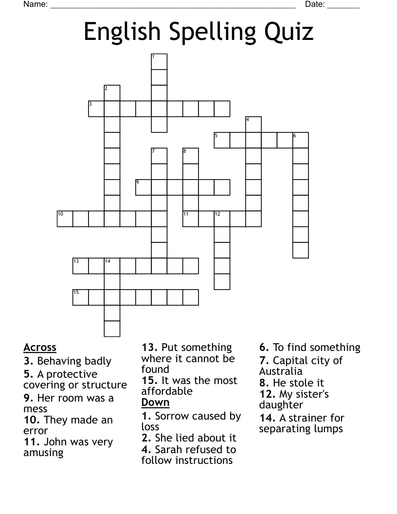 English Spelling Quiz Crossword