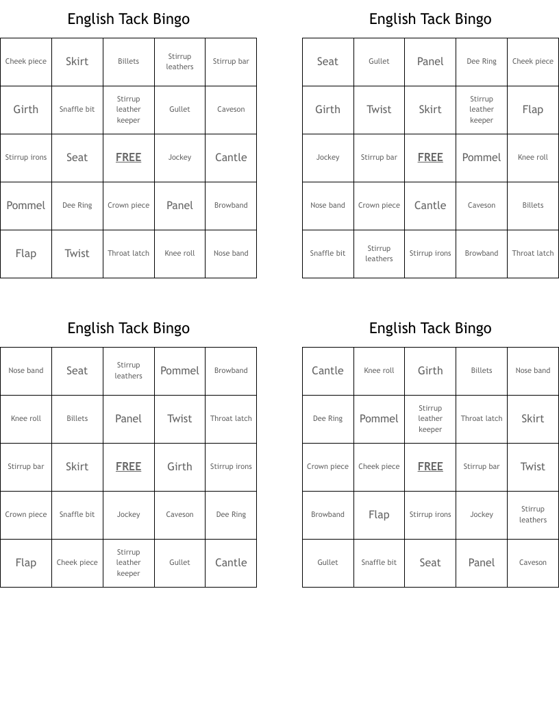English Tack Bingo