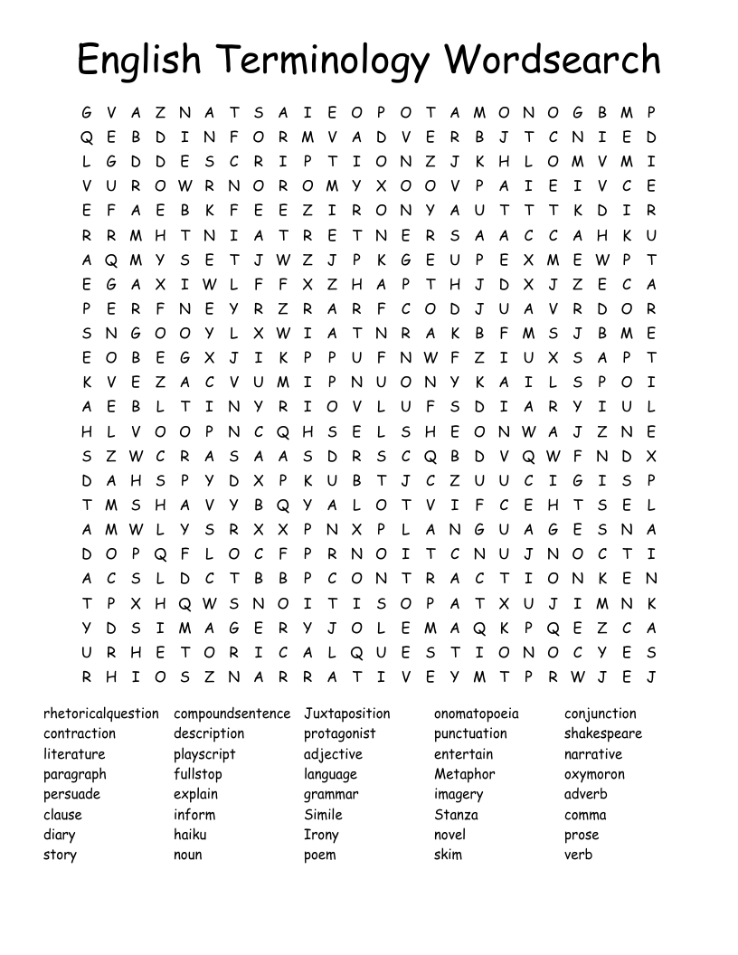 English Terminology Wordsearch