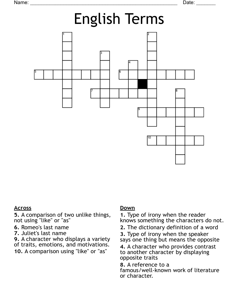 English Terms Crossword