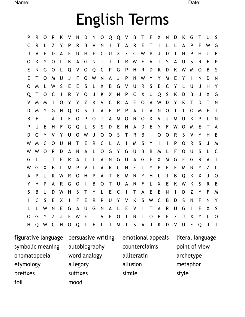 English Terms Word Search