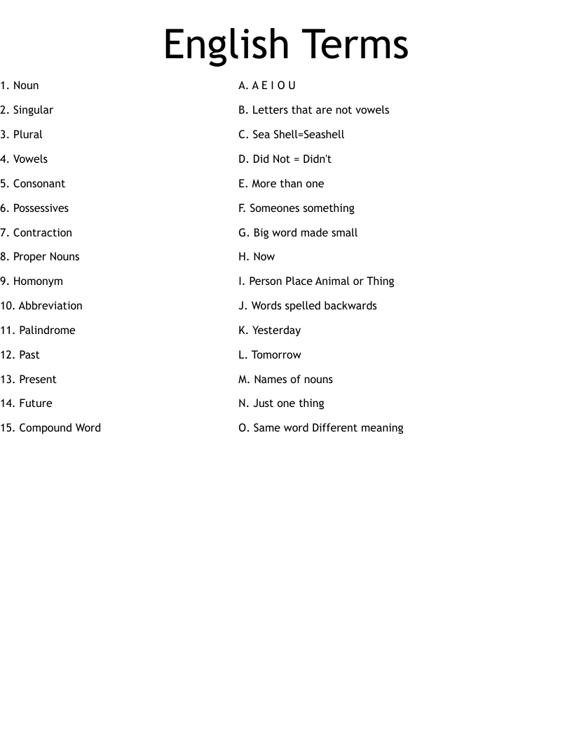 English Terms Worksheet