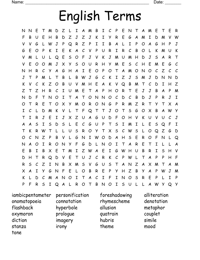 English Terms Word Search