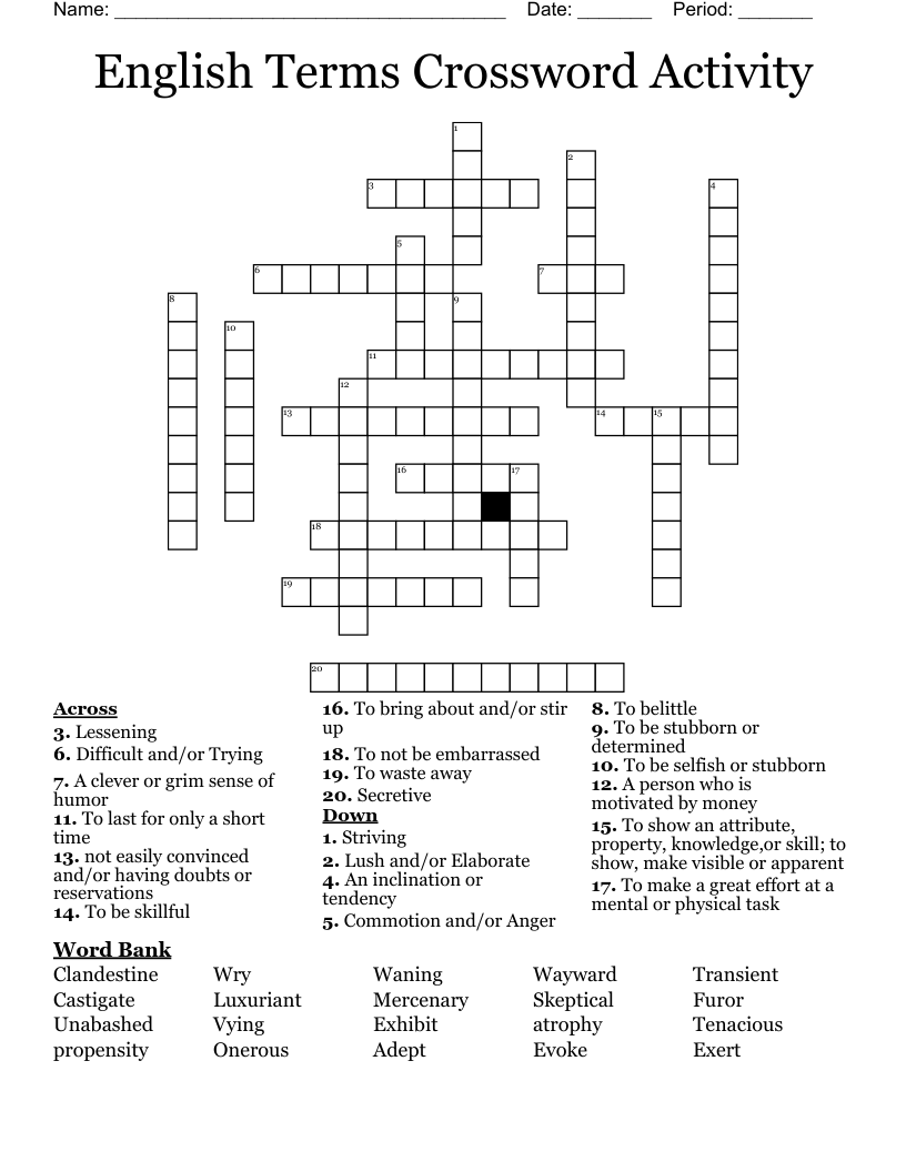 English Terms Crossword Activity